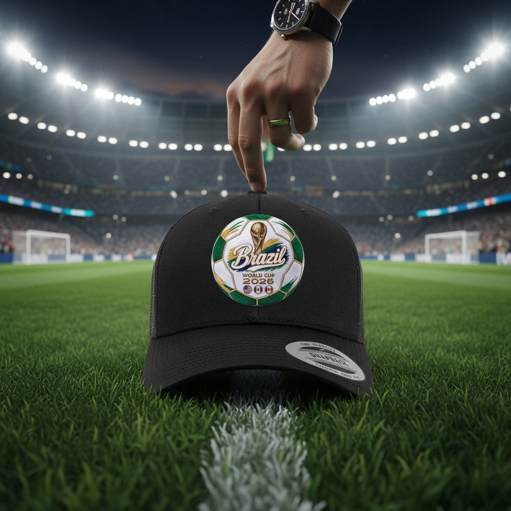 ColChiTex LLC black trucker hat with a Brazil World Cup 2026 soccer ball graphic featuring trophy, flags, and green, yellow, blue colors.