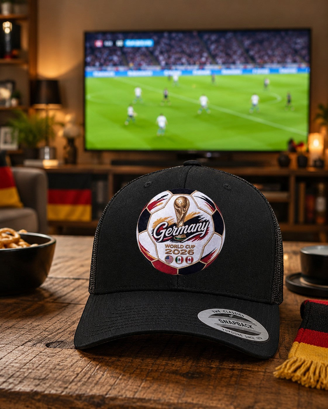 ColChiTex LLC black trucker hat with embroidered Germany World Cup 2026 soccer ball patch and mesh back.
