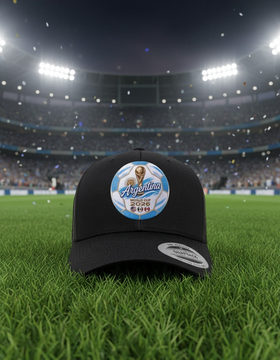 ColChiTex LLC black trucker hat with Argentina World Cup 2026 soccer ball graphic and mesh back.