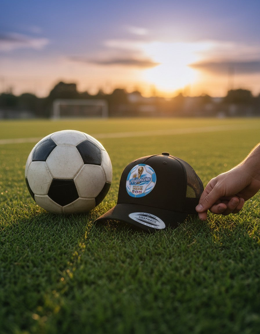 ColChiTex LLC black trucker hat with Argentina World Cup 2026 soccer graphic and mesh back.