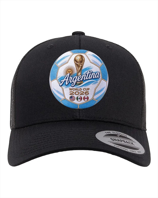 ColChiTex LLC black trucker hat with Argentina World Cup 2026 soccer ball graphic and mesh back.