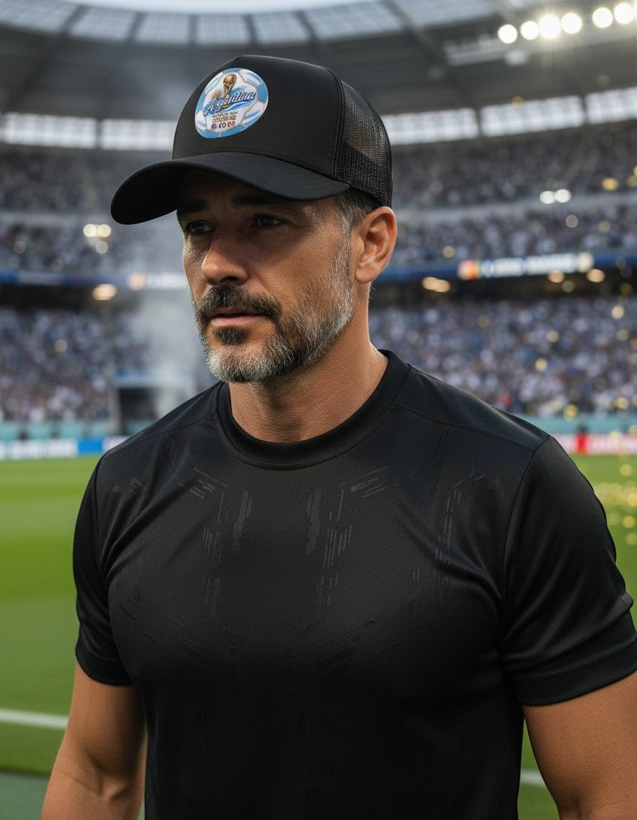 ColChiTex LLC black trucker hat with Argentina World Cup 2026 soccer ball graphic and mesh back.