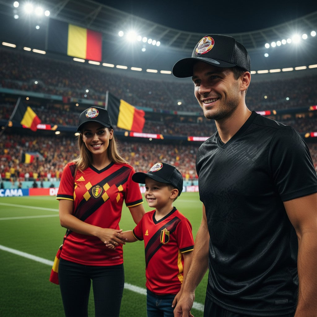ColChiTex LLC black trucker hat with embroidered Belgium World Cup 2026 soccer ball graphic and flags.