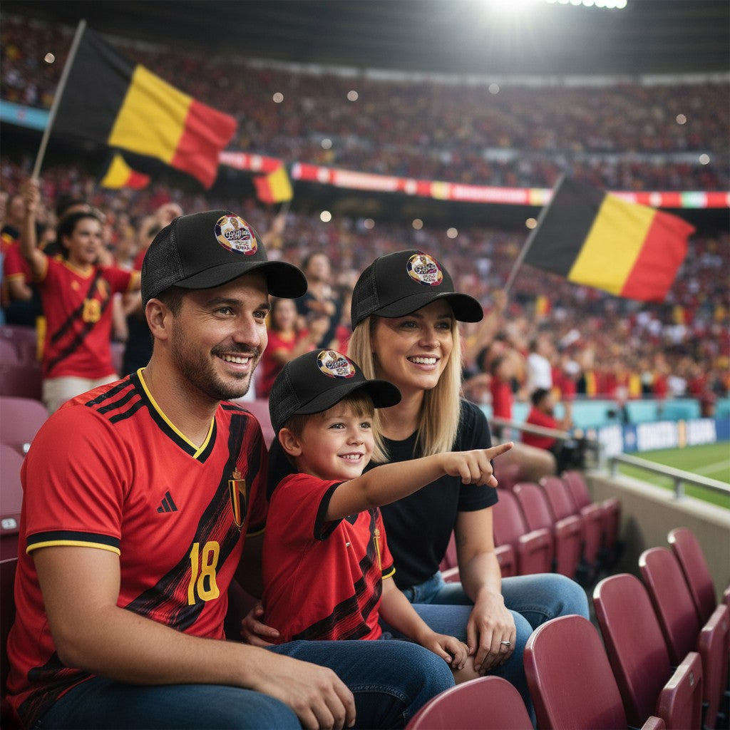 ColChiTex LLC black trucker hat with embroidered Belgium World Cup 2026 soccer ball graphic and mesh back.