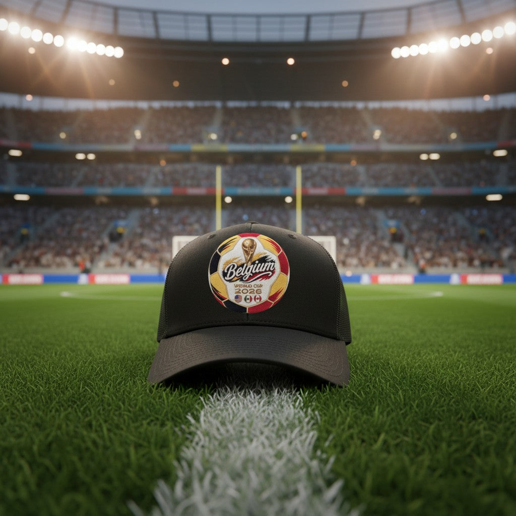 ColChiTex LLC black trucker hat with embroidered Belgium World Cup 2026 soccer ball graphic and mesh back.
