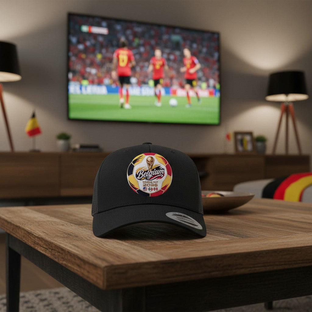ColChiTex LLC black trucker hat with embroidered Belgium World Cup 2026 soccer ball graphic and flags