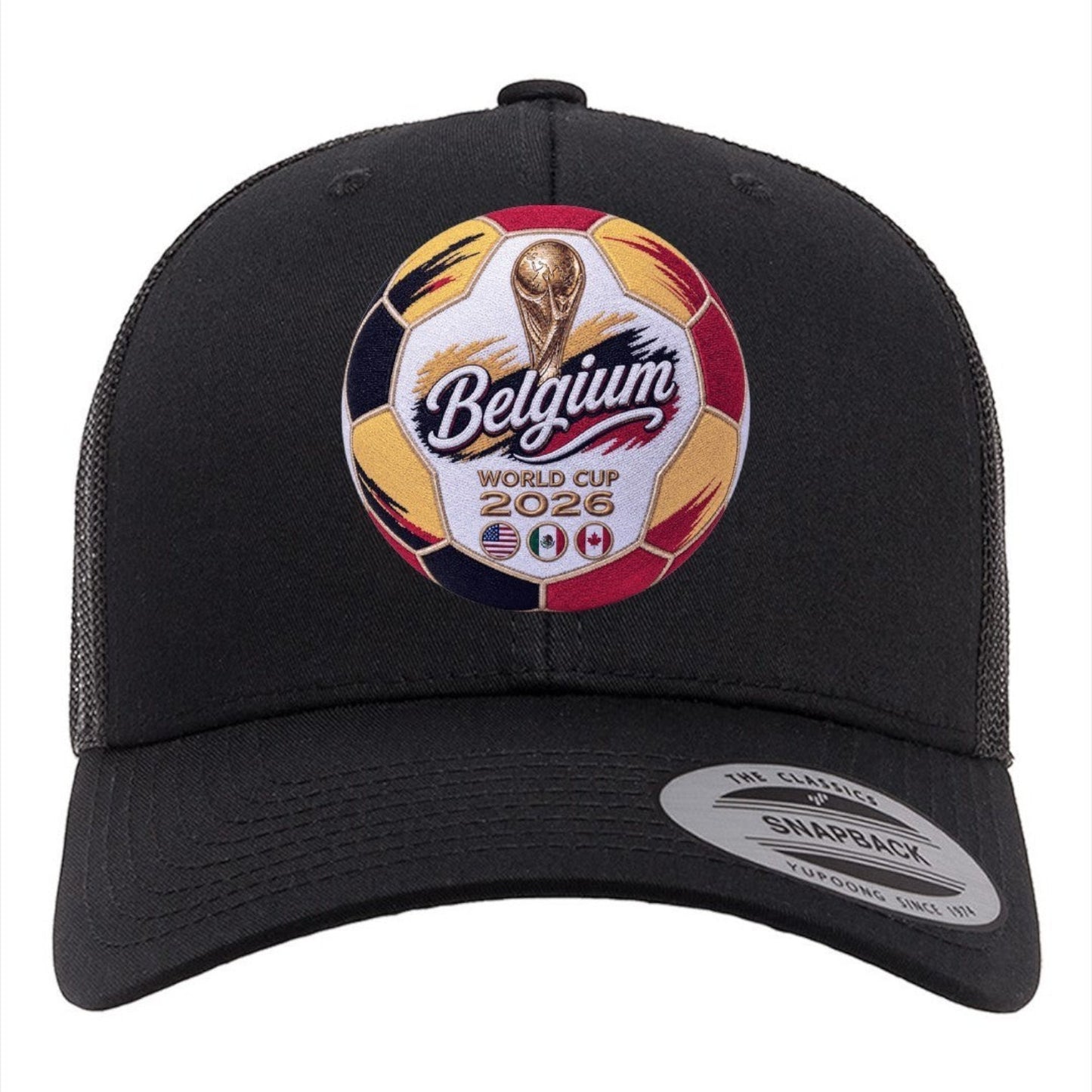 ColChiTex LLC black trucker hat with embroidered Belgium World Cup 2026 soccer ball graphic and flags.