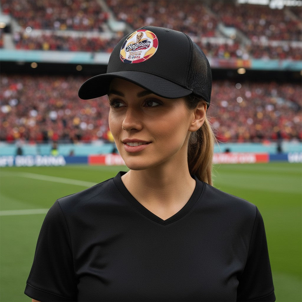 ColChiTex LLC black trucker hat with embroidered Belgium World Cup 2026 soccer ball graphic and flags.