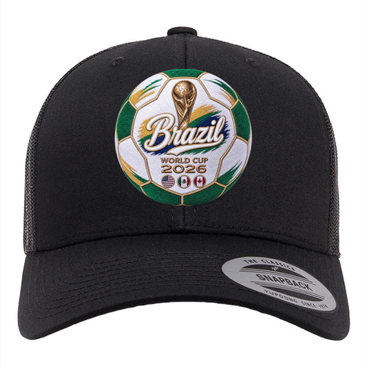 Black trucker hat with a Brazil World Cup 2026 soccer ball graphic featuring green, yellow, and blue colors, the World Cup trophy, and host nation flags.
