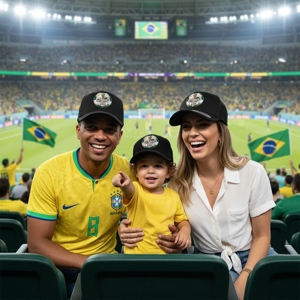 ColChiTex LLC black trucker hat with a Brazil World Cup 2026 soccer ball graphic featuring trophy, flags, and text.