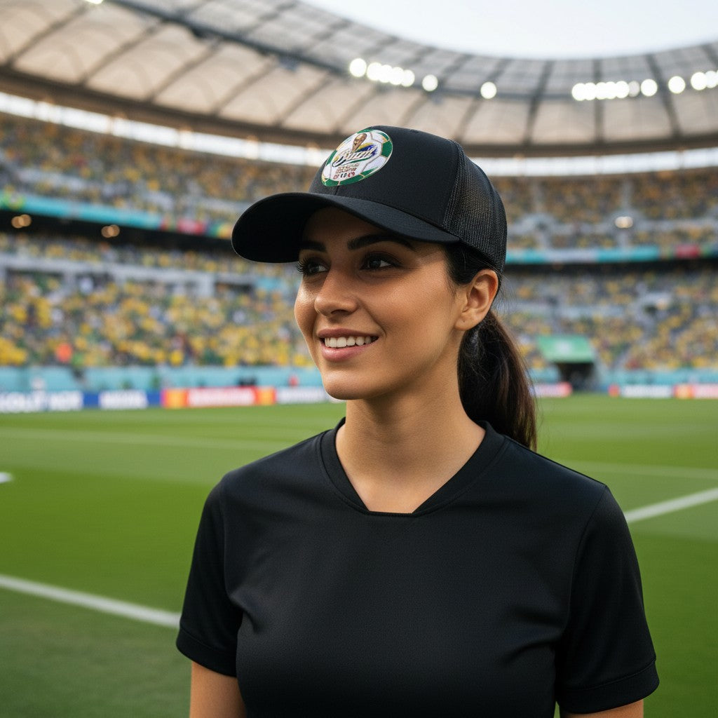 ColChiTex LLC black trucker hat with a Brazil World Cup 2026 soccer ball graphic featuring trophy, flags, and text.