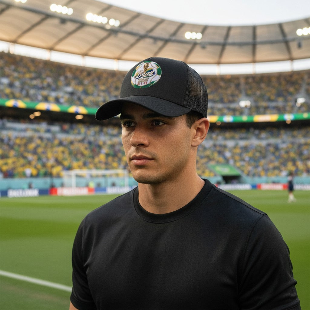 ColChiTex LLC black trucker hat with a Brazil World Cup 2026 soccer ball graphic featuring trophy, flags, and text.