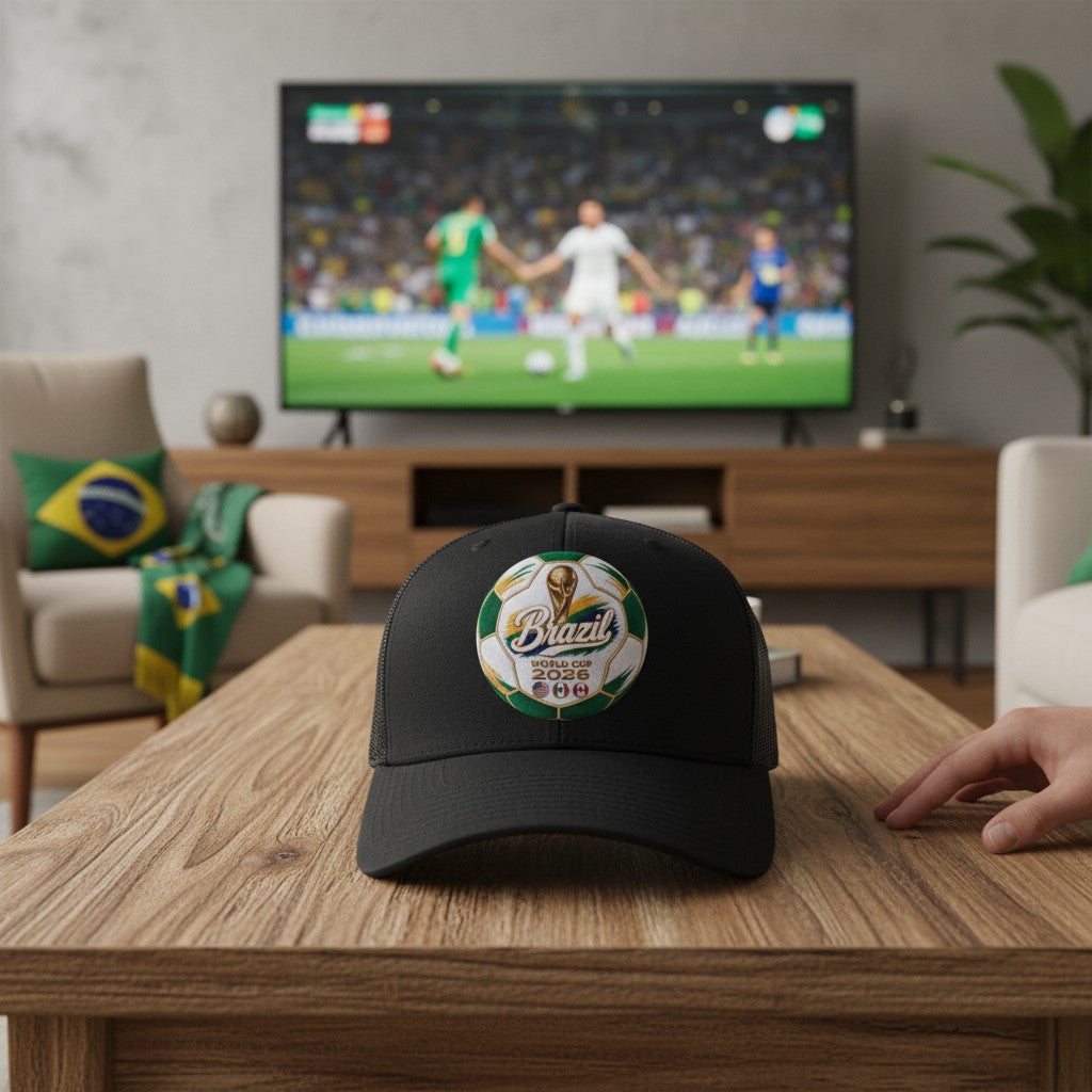 ColChiTex LLC black trucker hat with a soccer ball graphic celebrating Brazil's 2026 World Cup bid, featuring green, yellow, and blue accents.