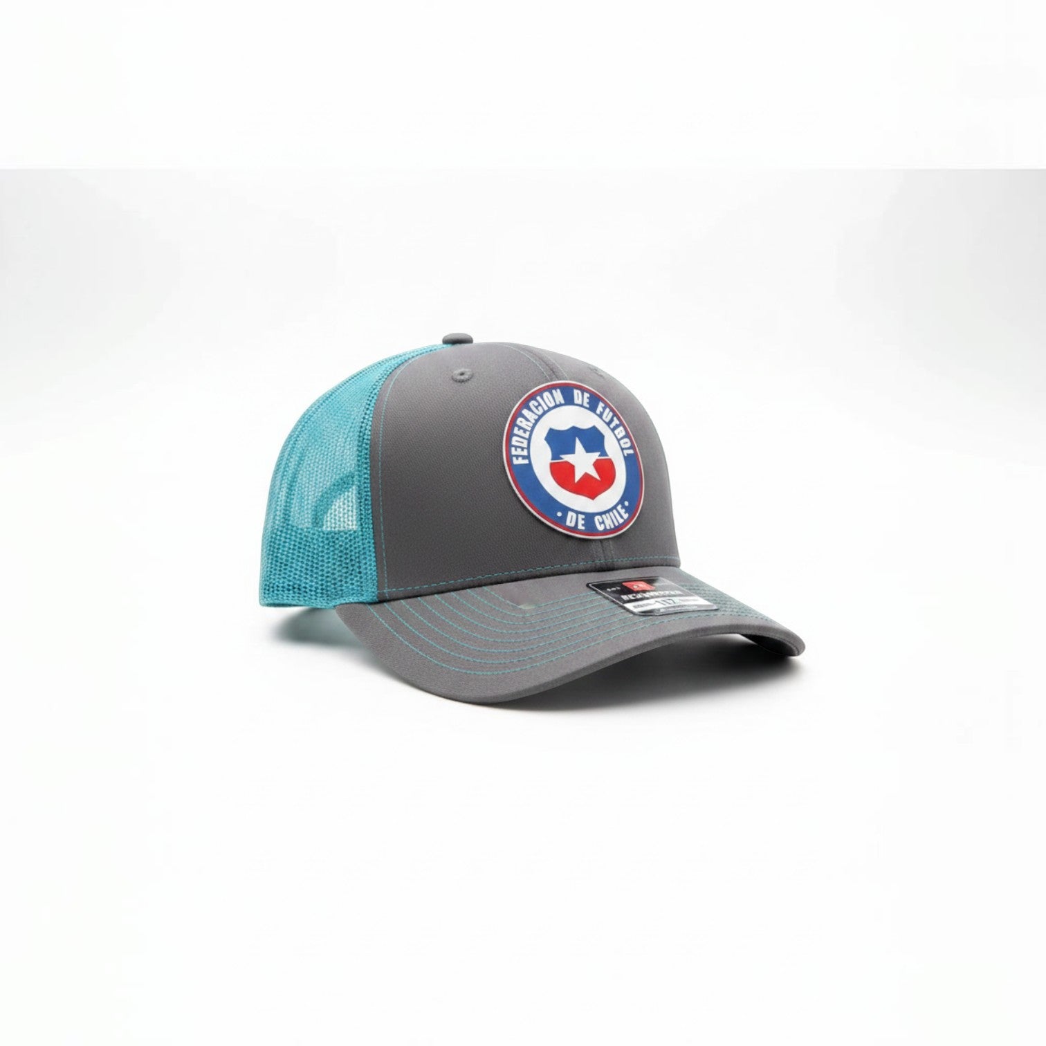 ColChiTex LLCHat with embroidered patch for Federacion de Futbol de Chile. Grey trucker hat with blue mesh back.