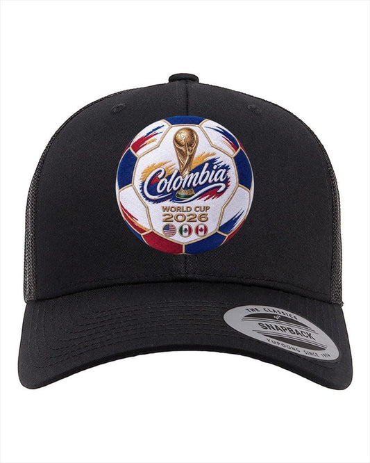 ColChiTex LLC black trucker hat with embroidered soccer ball patch for Colombia World Cup 2026