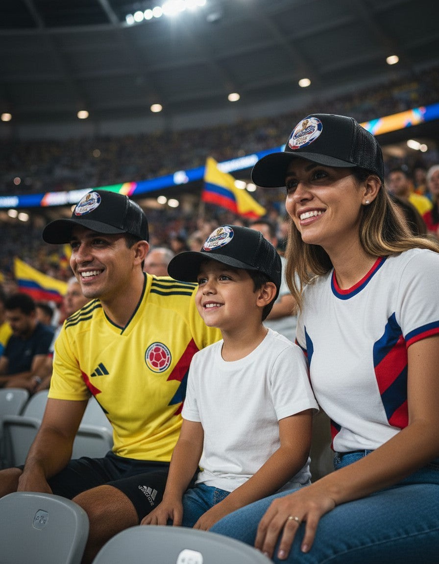 ColChiTex LLC black trucker hat with embroidered soccer ball patch for Colombia World Cup 2026