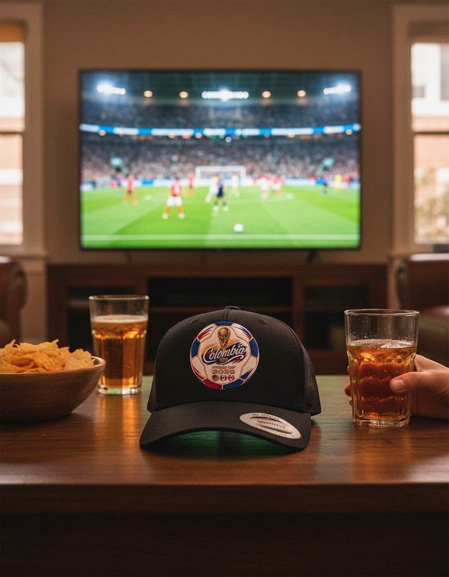 ColChiTex LLC black trucker hat with embroidered soccer ball patch for Colombia World Cup 2026, featuring trophy and host nation flags.