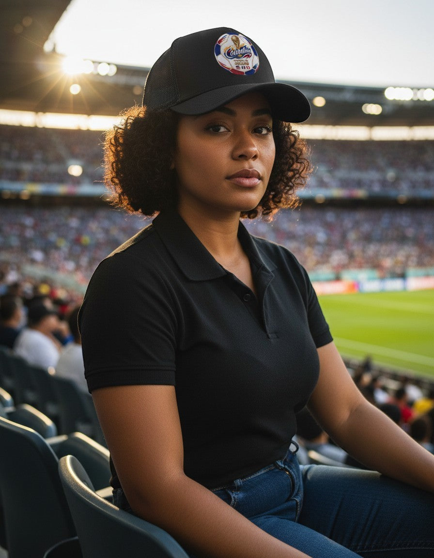 ColChiTex LLC black trucker hat with embroidered World Cup 2026 soccer ball patch featuring Colombia text and trophy.