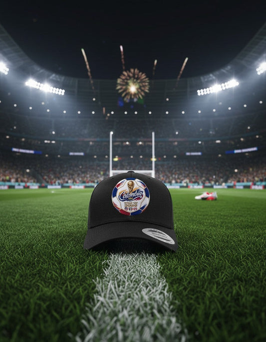 ColChiTex LLC black trucker hat with embroidered soccer ball patch for Colombia World Cup 2026