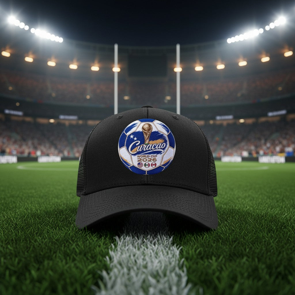 Black trucker hat with embroidered soccer ball patch for Curacao World Cup 2026, featuring host nation flags.