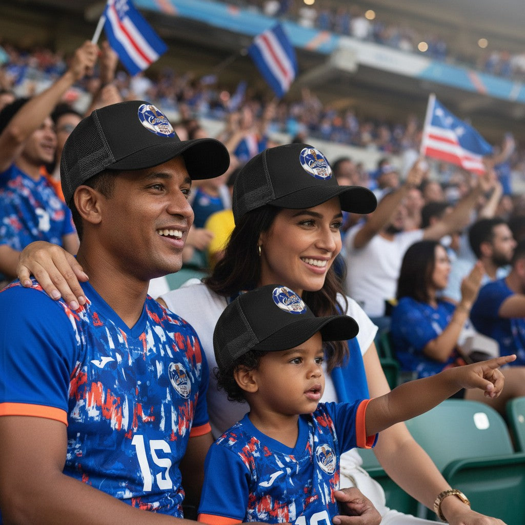Black trucker hat with embroidered Curacao World Cup 2026 soccer ball patch, mesh back, and curved brim.