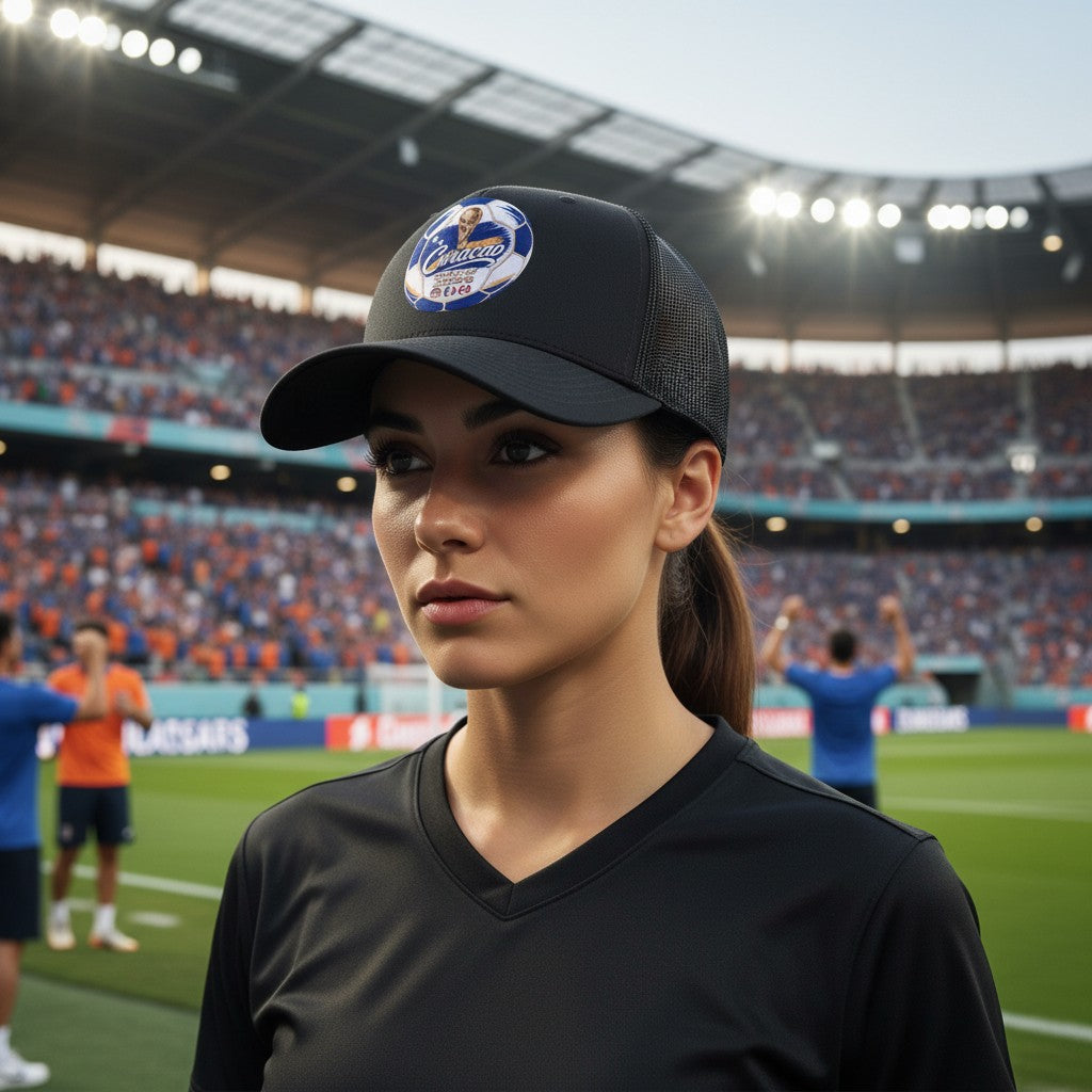 Black trucker hat with embroidered patch for Curacao World Cup 2026 featuring a soccer ball, trophy, and host nation flags.