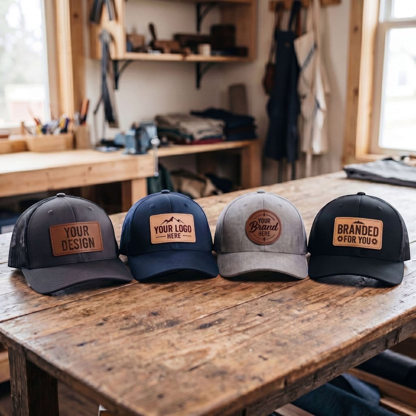 ColChiTex LLc custom engraved patch hats in charcoal, navy, grey, and black with leatherette patches.