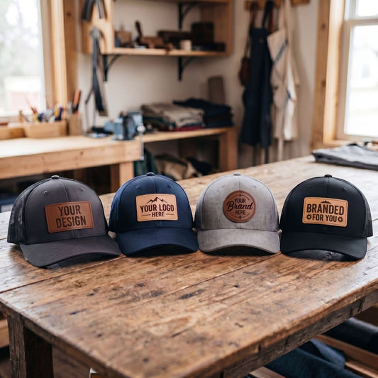 ColChiTex LLc custom engraved patch hats in charcoal, navy, grey, and black with leatherette patches.