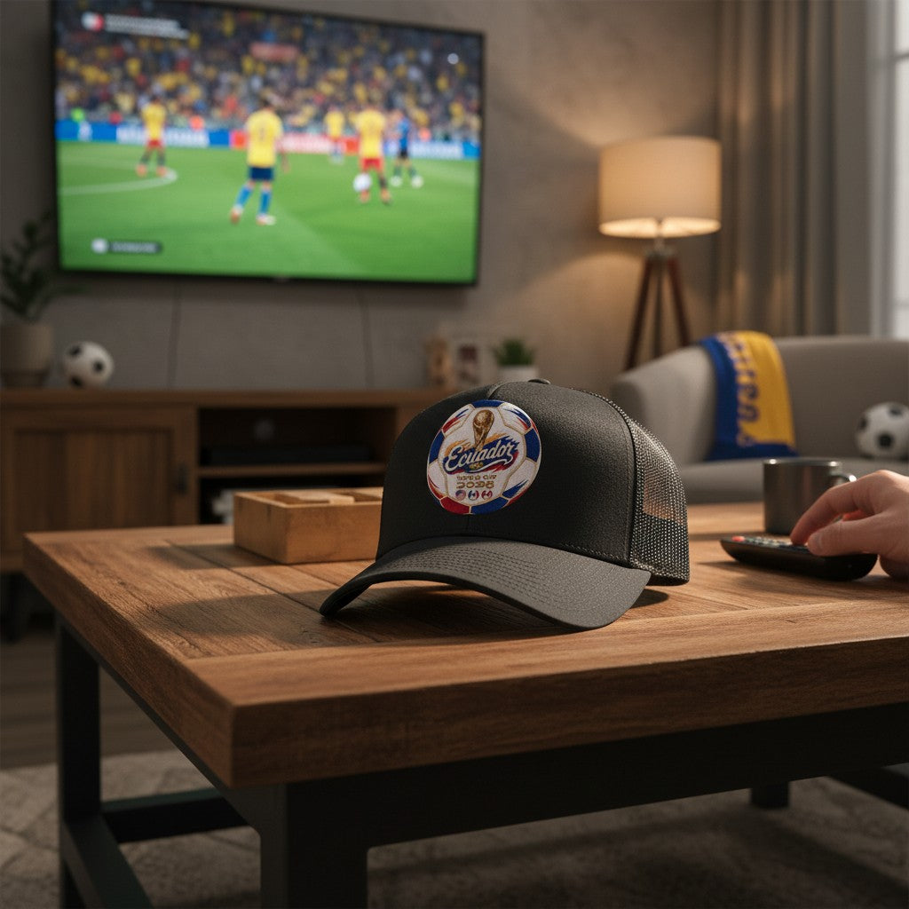 Black trucker hat with embroidered Ecuador World Cup 2026 soccer ball design, featuring trophy and host nation flags.
