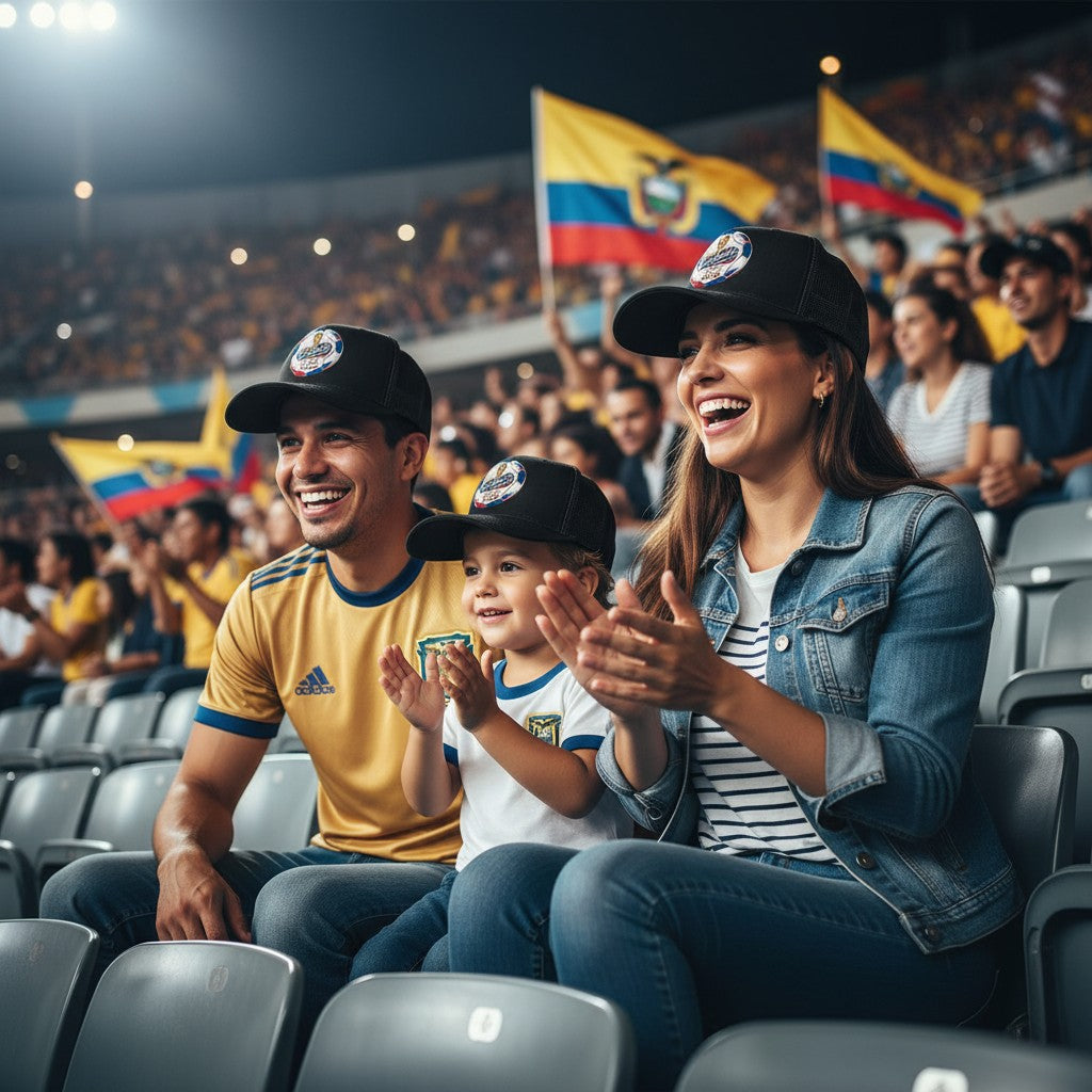 ColChiTex LLC black trucker hat with embroidered Ecuador World Cup 2026 soccer ball design, trophy, and host nation flags.