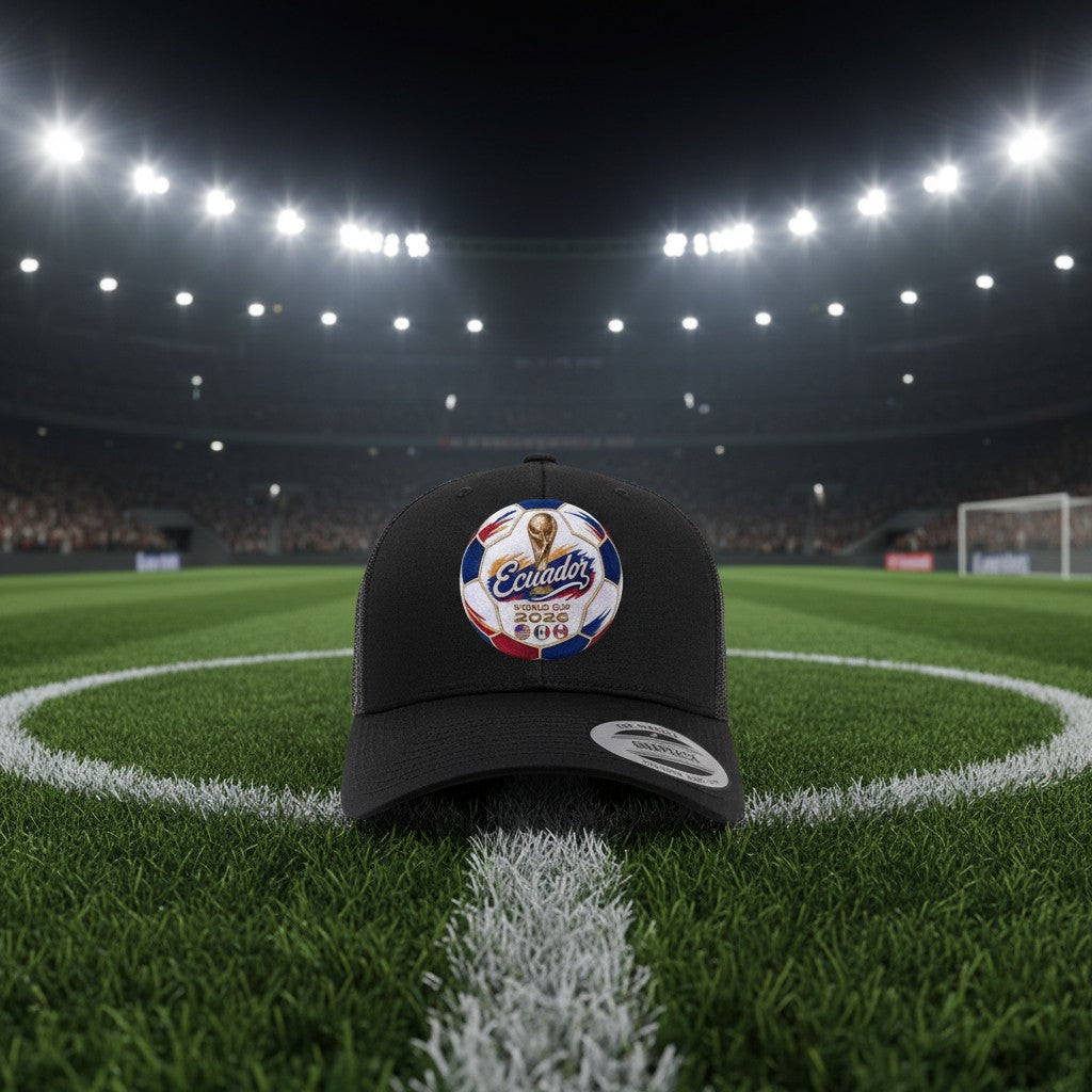 Black trucker hat with embroidered Ecuador World Cup 2026 soccer ball design, featuring trophy and host nation flags. ColChiTex LLC.