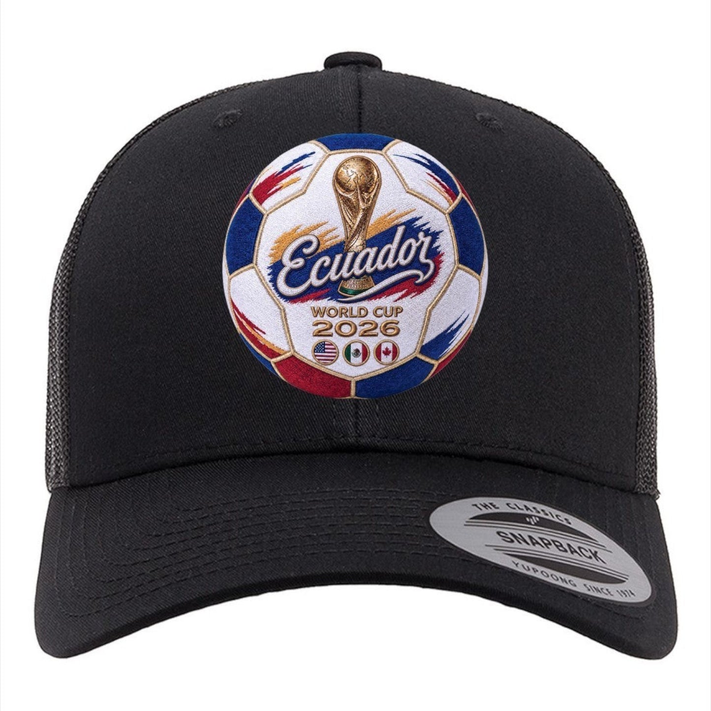 ColChiTex LLC black trucker hat with embroidered Ecuador World Cup 2026 soccer ball design and adjustable snapback.