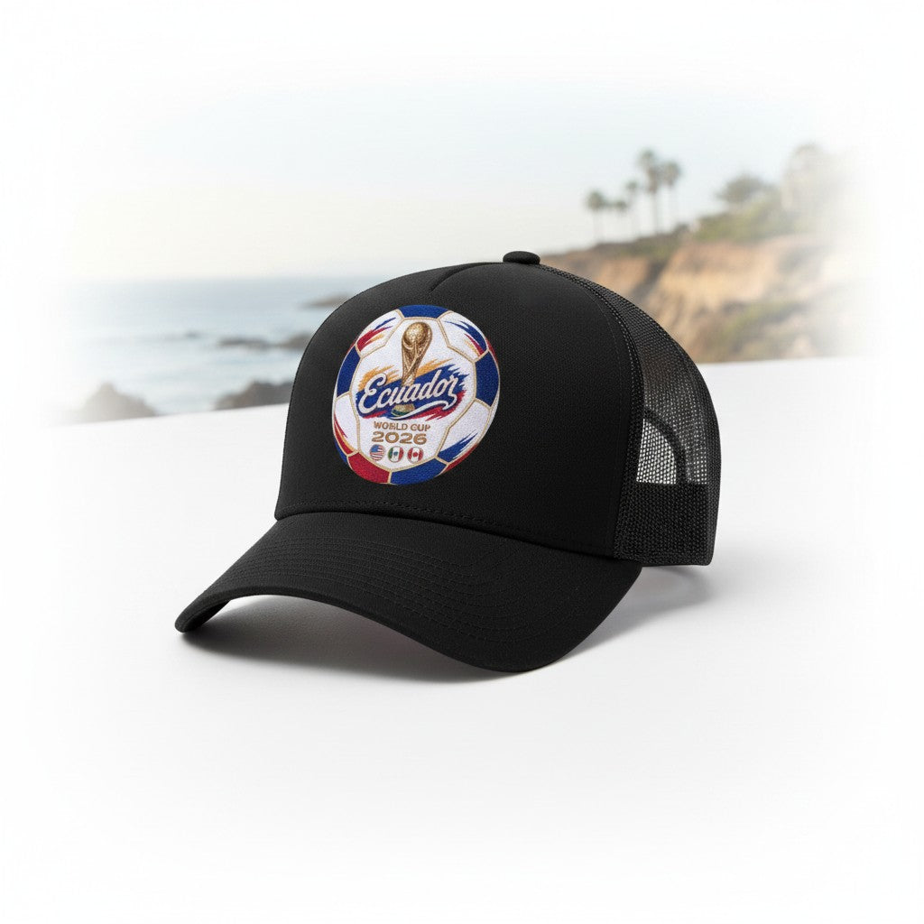 ColChiTex LLC black trucker hat with embroidered Ecuador World Cup 2026 soccer ball design, trophy, and host nation flags.