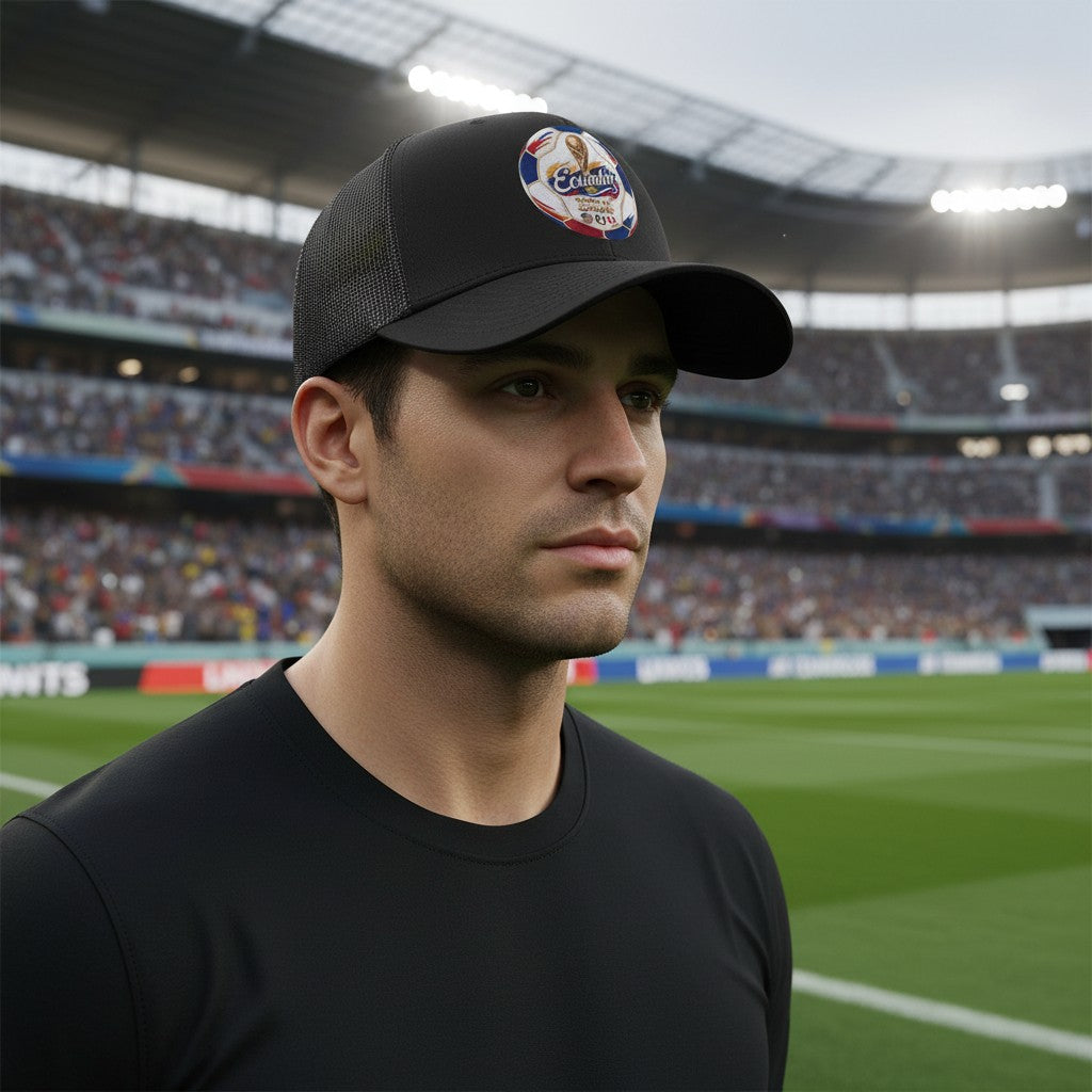 ColChiTex LLC black trucker hat with embroidered Ecuador World Cup 2026 soccer ball design, trophy, and host nation flags.