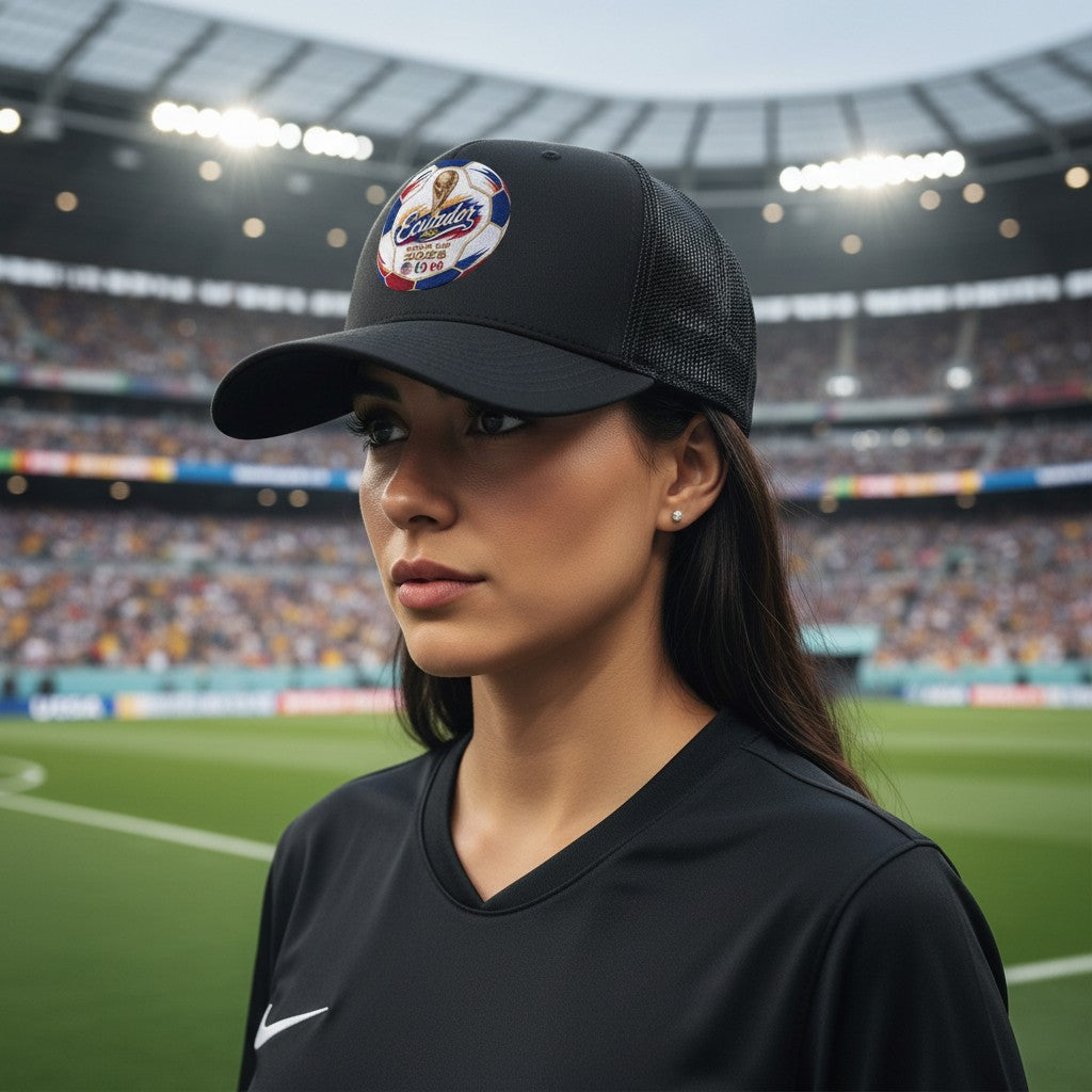 ColChiTex LLC black trucker hat with embroidered Ecuador World Cup 2026 soccer ball design, trophy, and host nation flags.