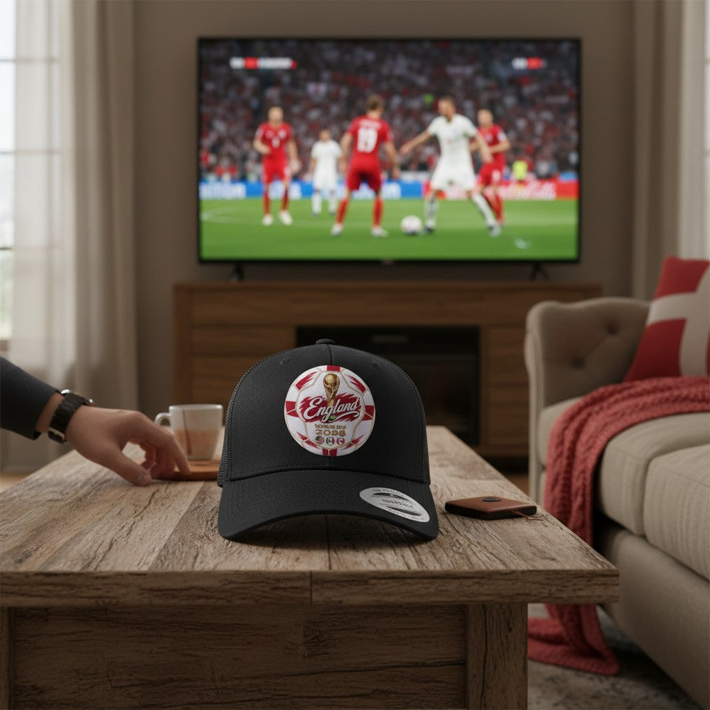 ColChiTex LLC black trucker hat with England World Cup 2026 soccer ball graphic and mesh back.