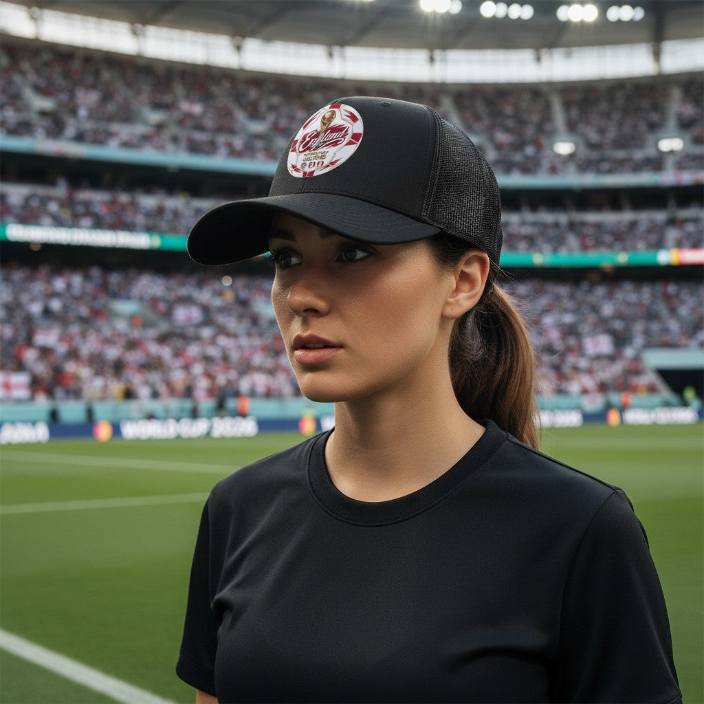 ColChiTex LLC black trucker hat with embroidered England World Cup 2026 soccer ball graphic and mesh back.