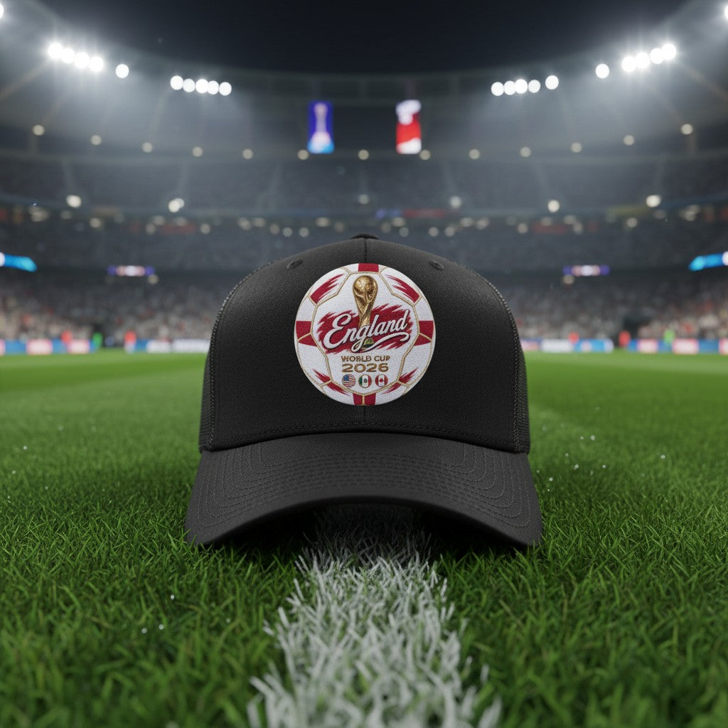 ColChiTex LLC black trucker hat with embroidered England World Cup 2026 soccer ball graphic and mesh back.