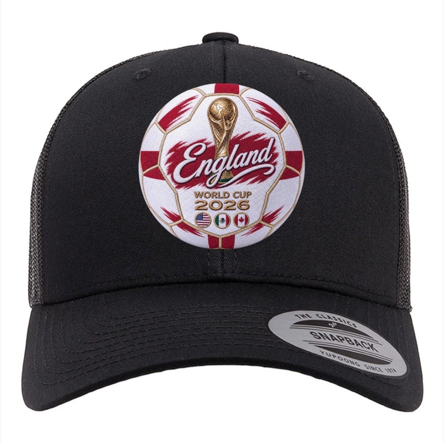 ColChiTex LLC black trucker hat celebrating England World Cup 2026 with embroidered soccer ball, trophy, and flags.
