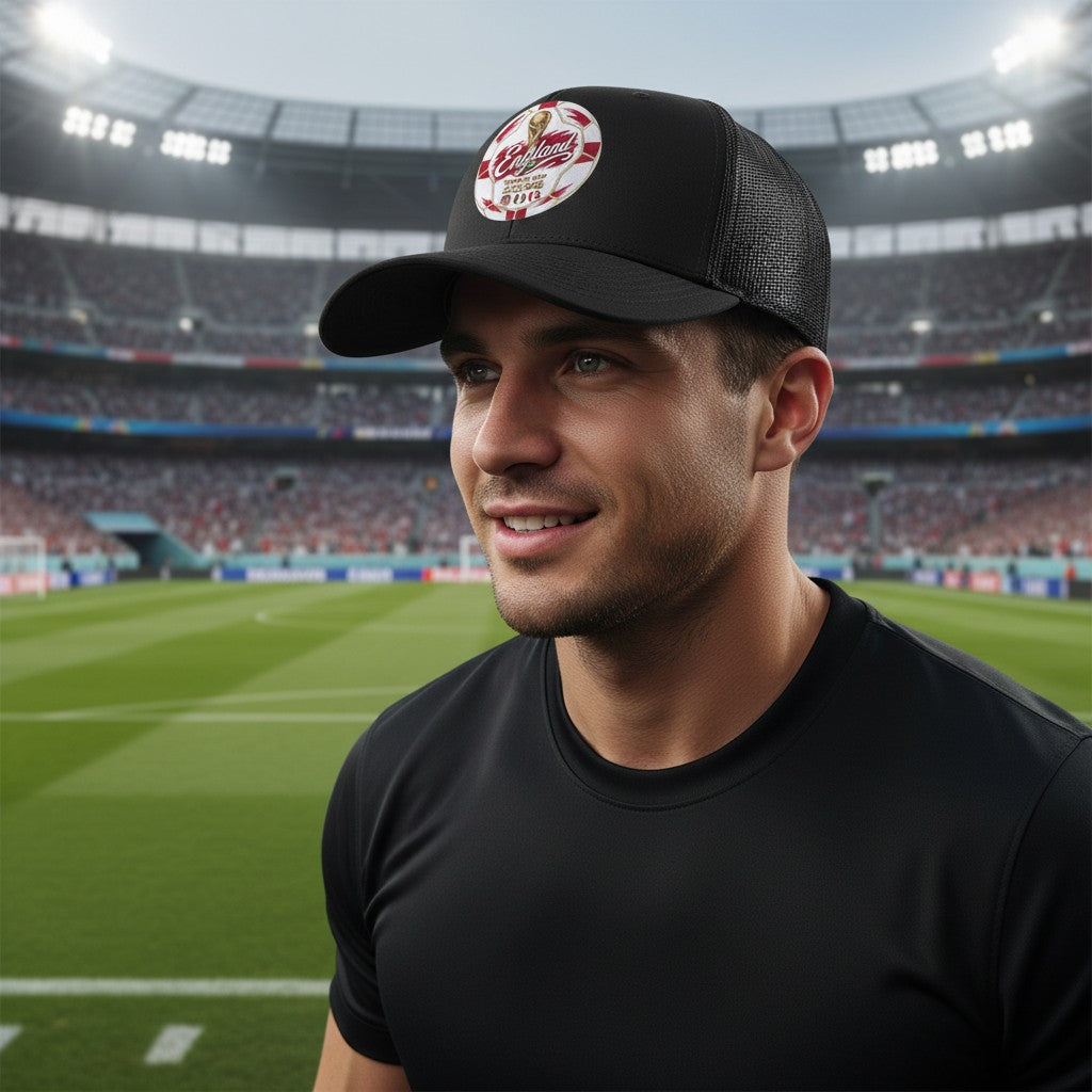 ColChiTex LLC black trucker hat with England World Cup 2026 soccer ball graphic and mesh back.