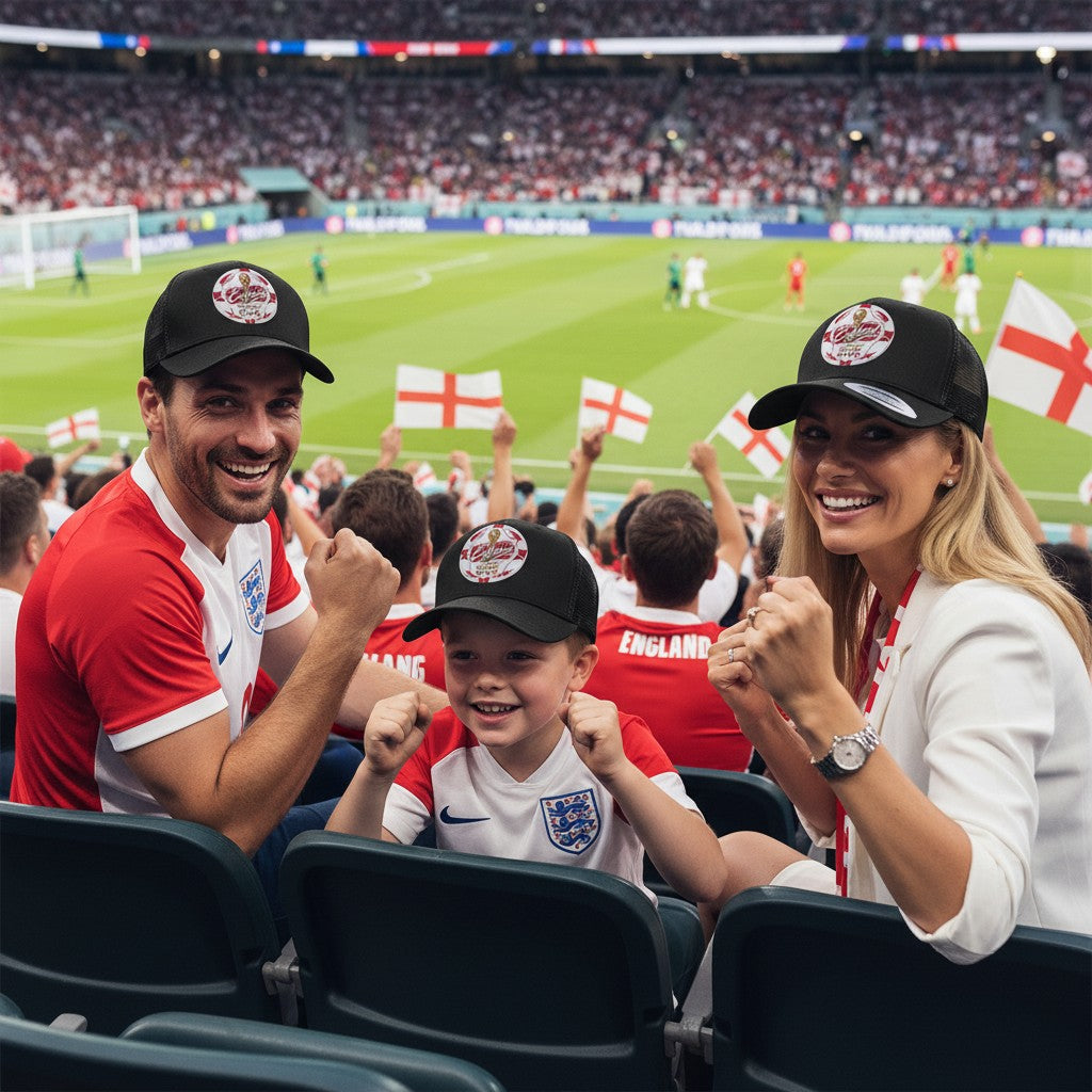 ColChiTex LLC black trucker hat with embroidered England World Cup 2026 soccer ball graphic and mesh back.