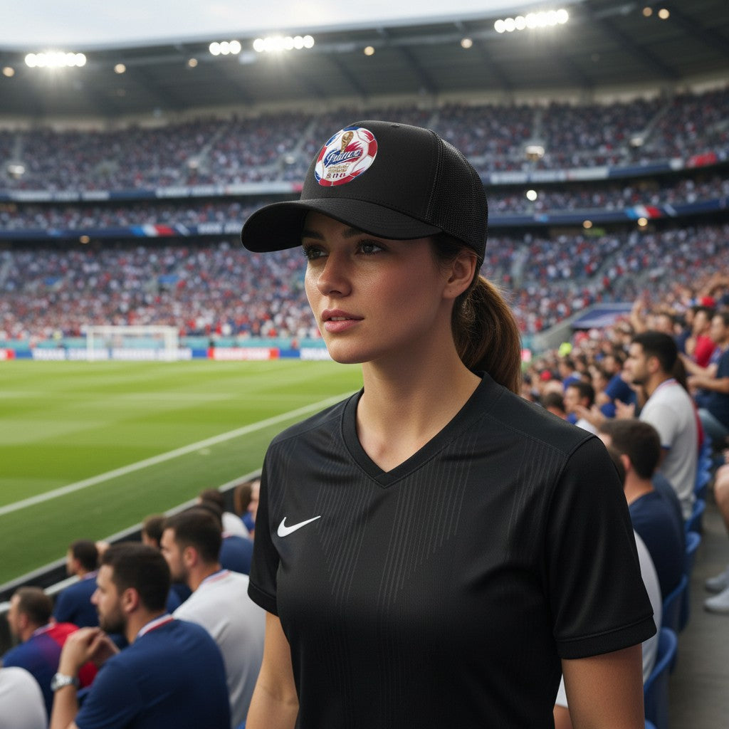 Black trucker hat by ColChiTex LLC with embroidered France World Cup 2026 soccer ball patch, featuring trophy graphic and host nation flags.