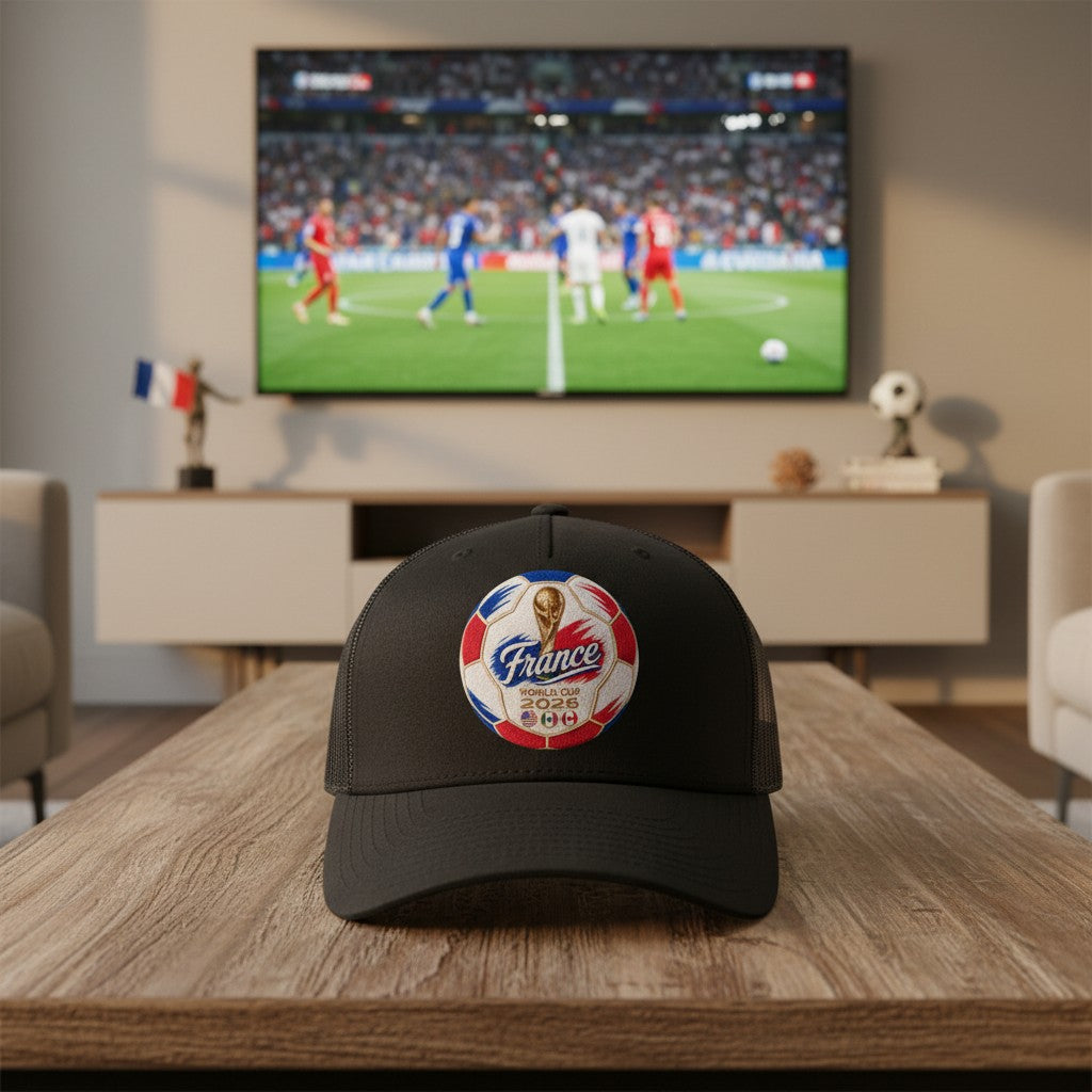 ColChiTex LLC black trucker hat with France World Cup 2026 soccer ball patch, featuring trophy and host nation flags.