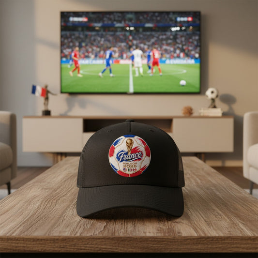 ColChiTex LLC black trucker hat with France World Cup 2026 soccer ball patch, featuring trophy and host nation flags.