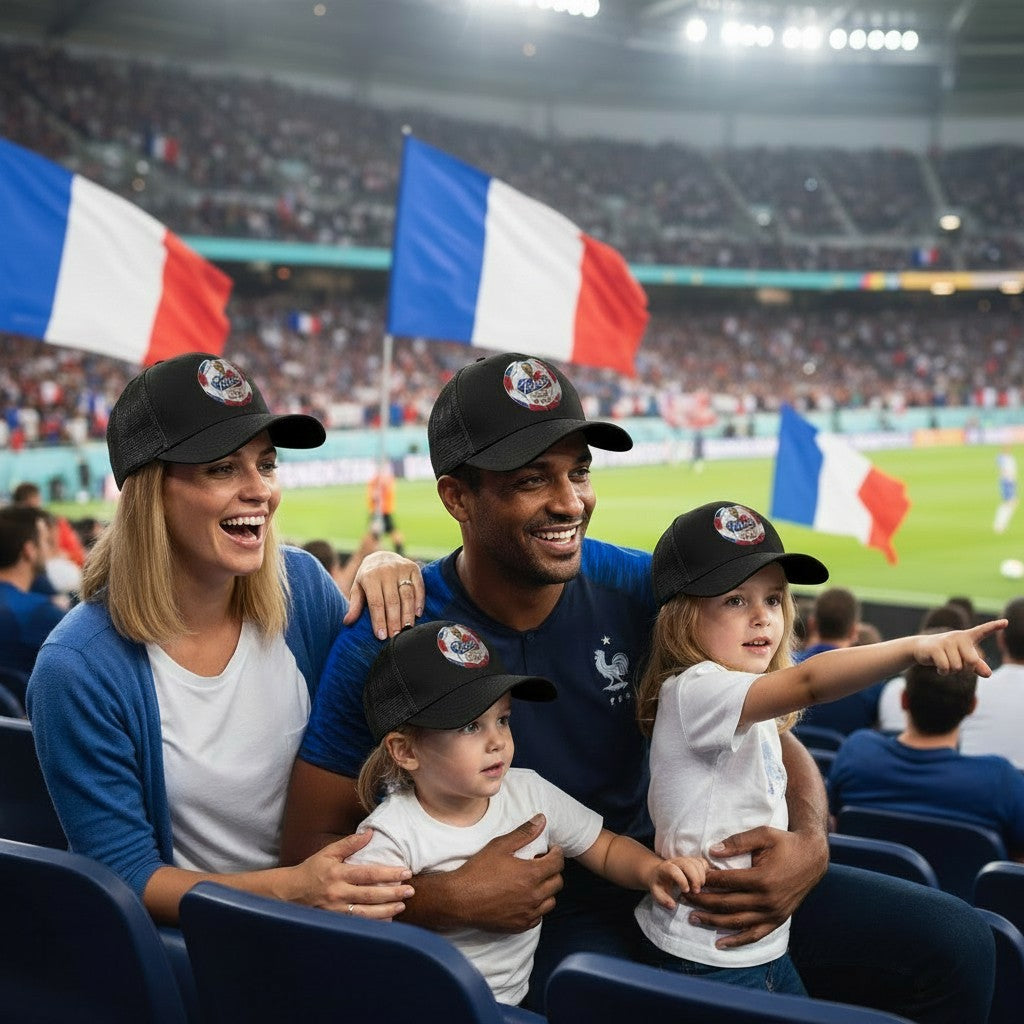 ColChiTex LLC black trucker hat with embroidered France World Cup 2026 soccer ball patch, mesh back, and adjustable snapback.