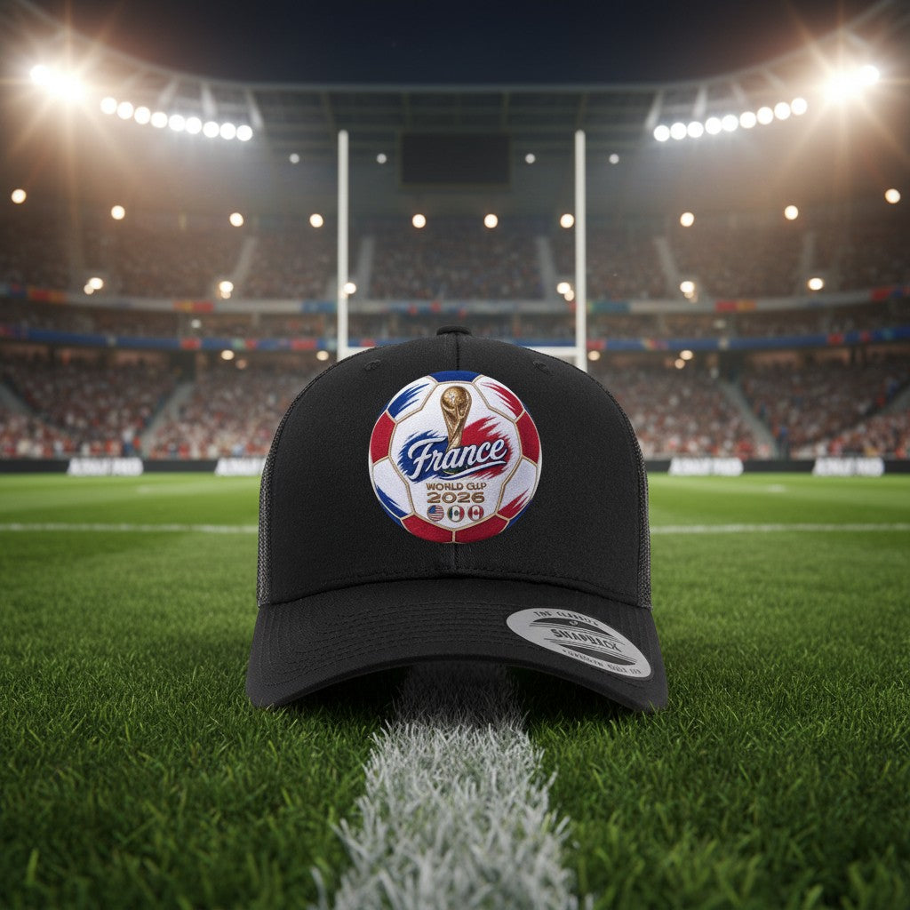 Black trucker hat with embroidered France World Cup 2026 soccer ball patch, featuring trophy and host nation flags.
