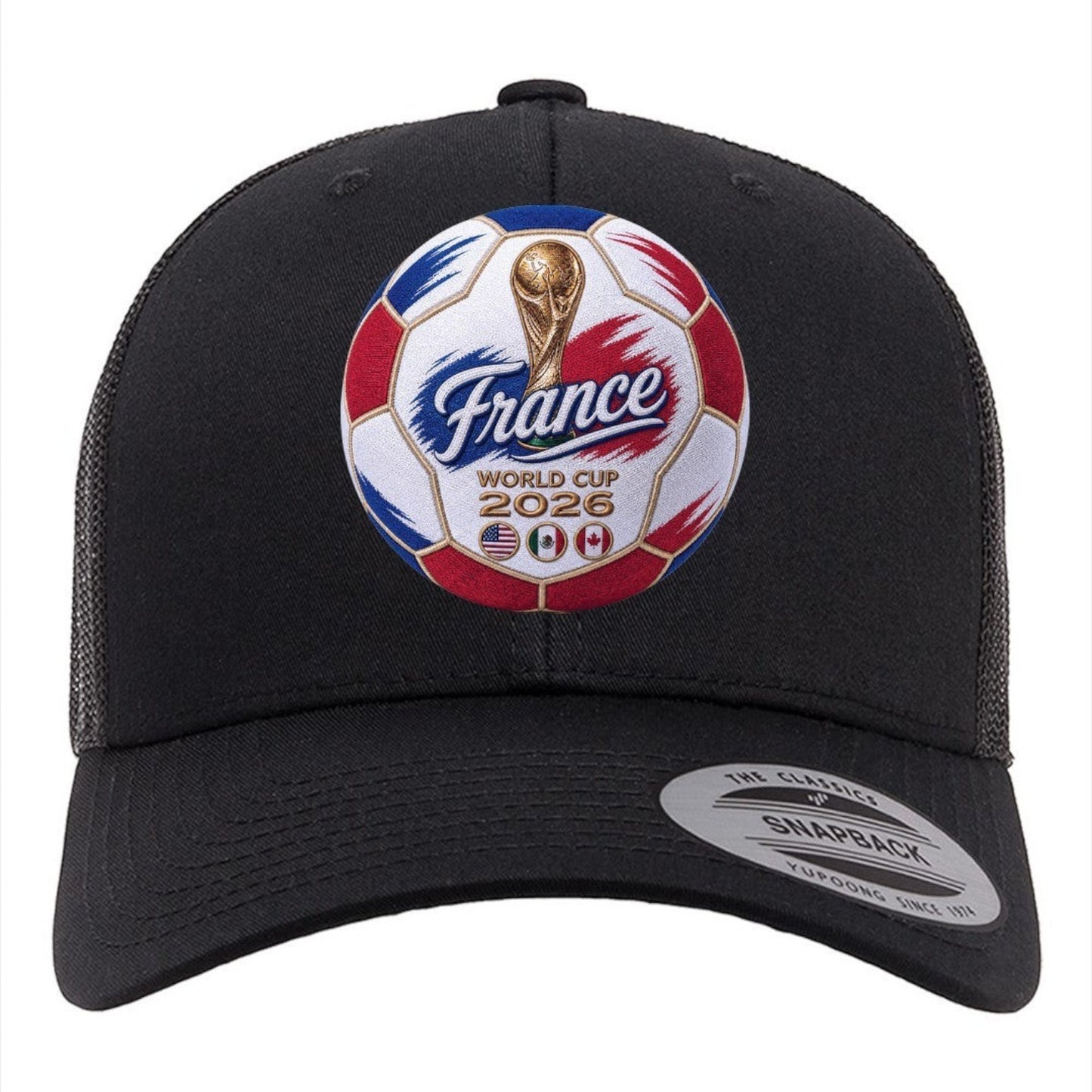 ColChiTex LLC black trucker hat with France World Cup 2026 soccer ball patch, featuring trophy graphic and host nation flags.