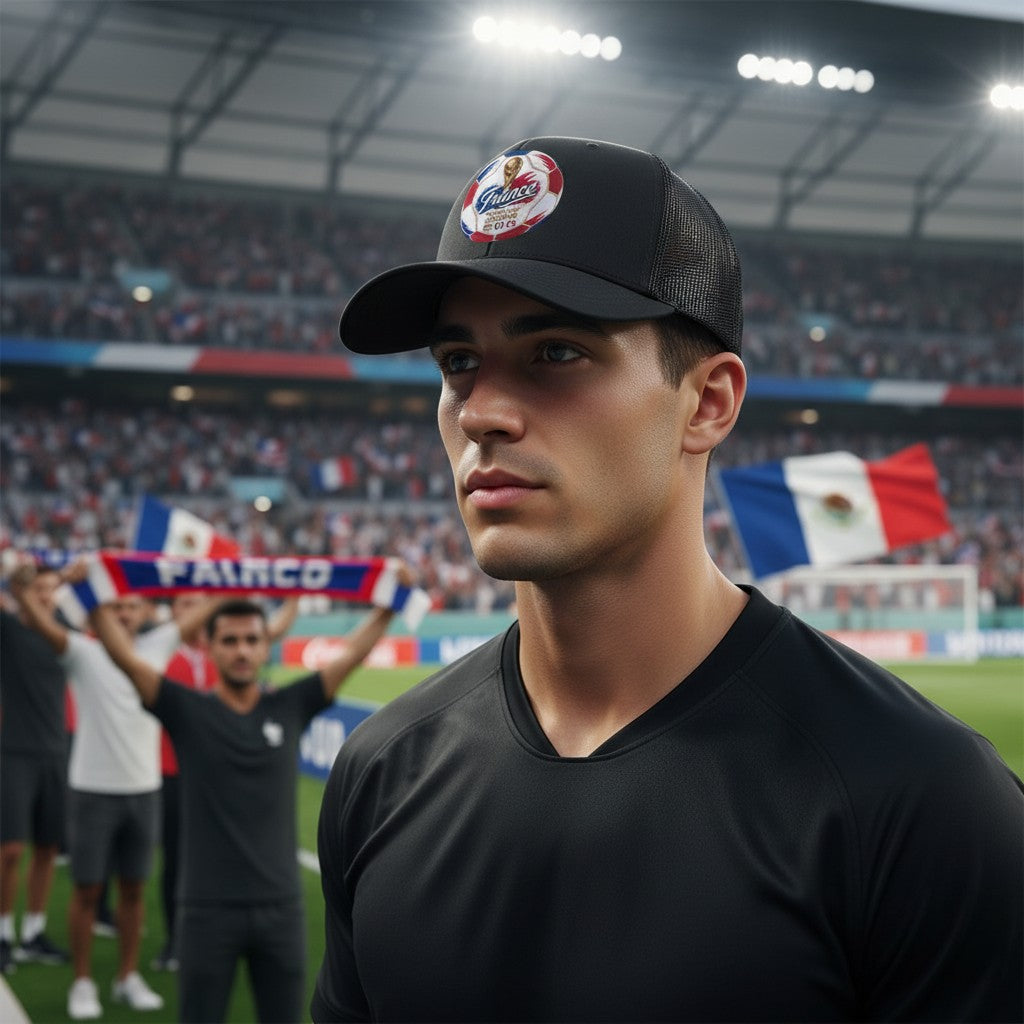 ColChiTex LLC black trucker hat with France World Cup 2026 soccer ball patch, trophy, and host nation flags.