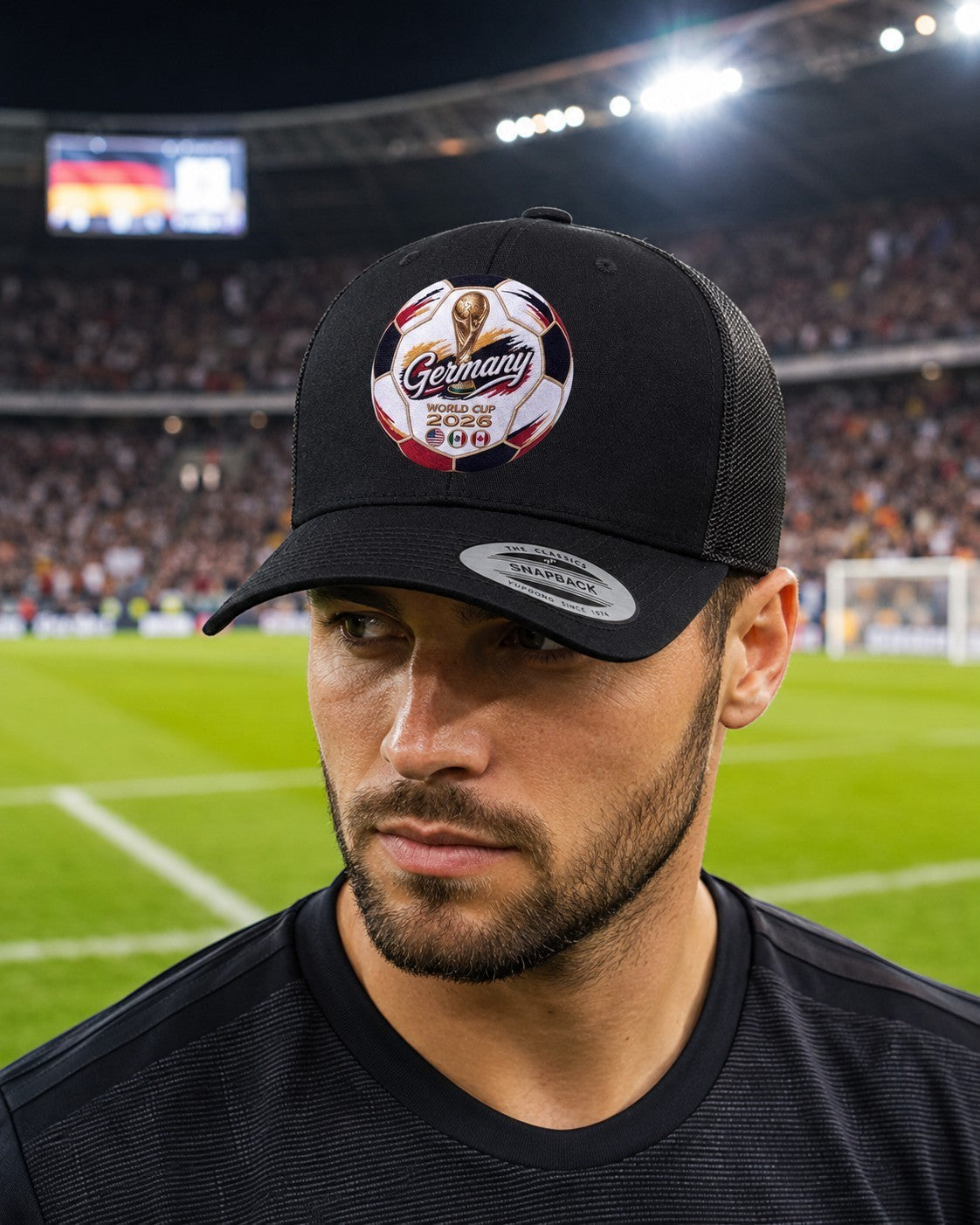 ColChiTex LLC black trucker hat with embroidered soccer ball patch for Germany World Cup 2026