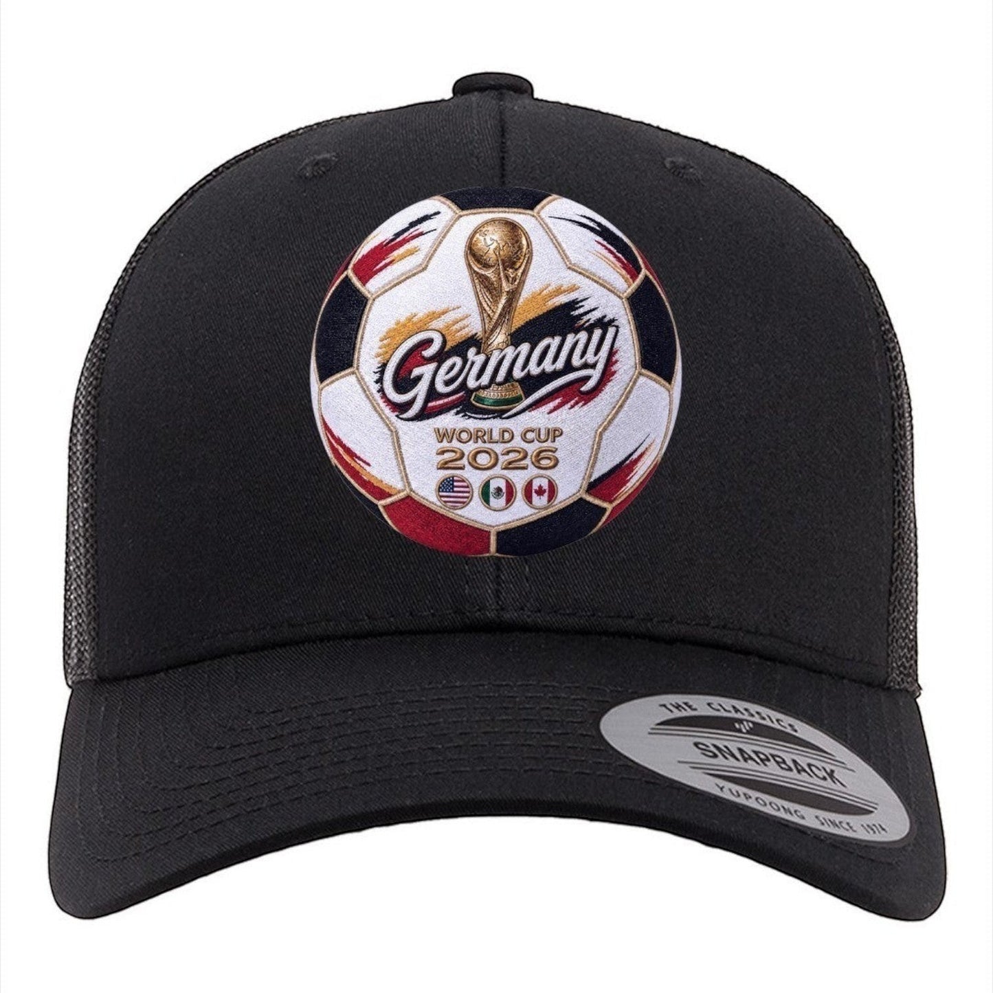 ColChiTex LLC black trucker hat with embroidered soccer ball patch for Germany World Cup 2026, featuring trophy and host nation flags.